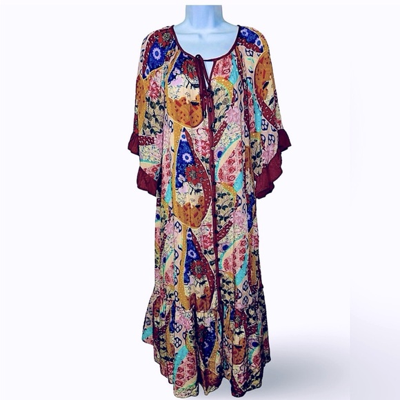 Easel Women's Multicolor Patchwork Kaftan Dress Size Small Boho Long Boho Chic - Picture 1 of 5